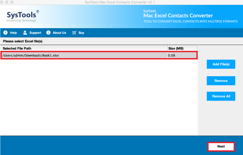 click Next to convert Excel contacts to PDF